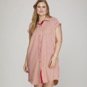 PLUS SIZE SHE + SKY RED & WHITE STRIPED BUTTON DRESS